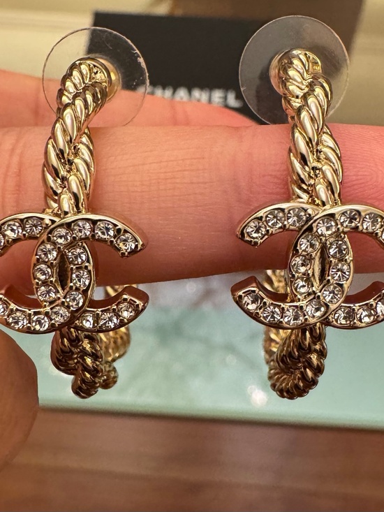 Limited Edition Classic Chanel CC Logo Gold Strass Crystal Hoop Earrings